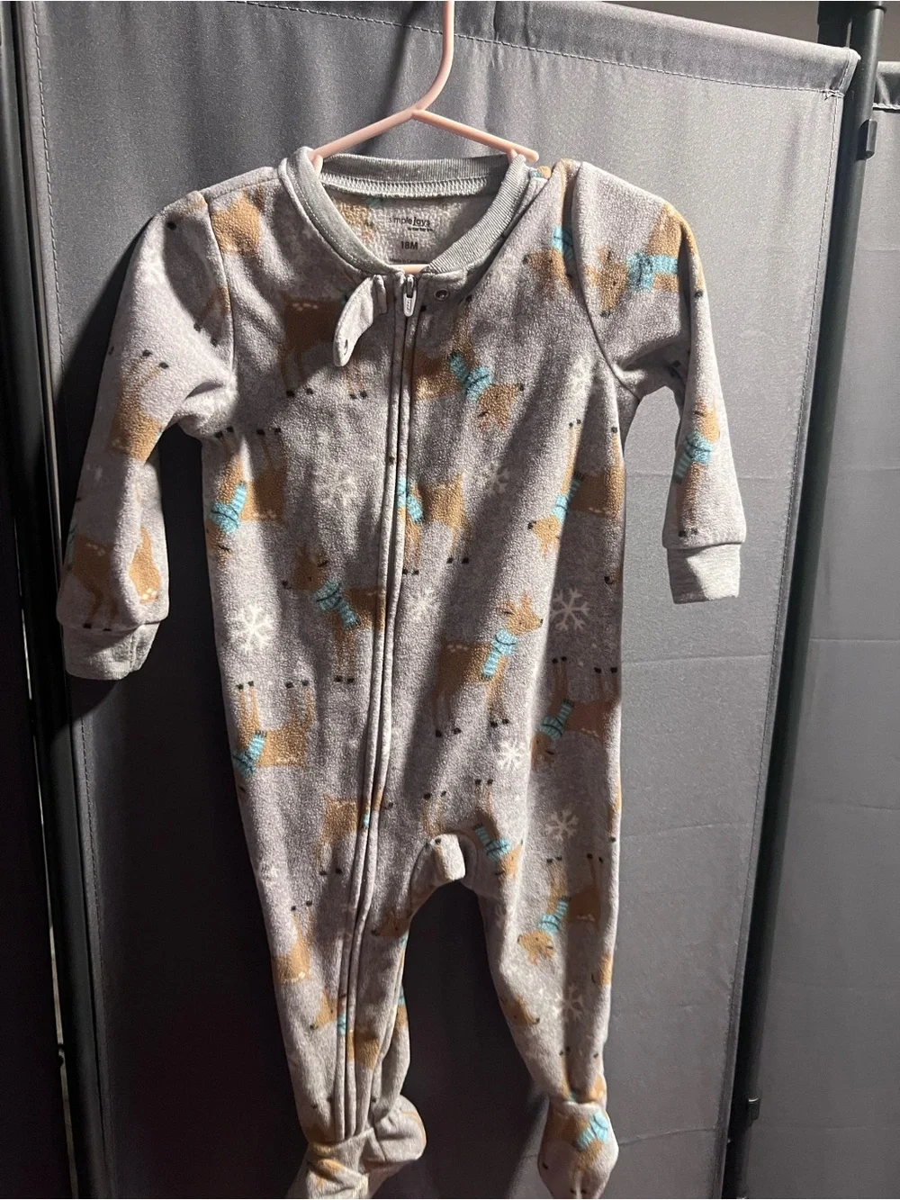 18 M Cozy Grey Footed Baby One-Piece with Reindeer Print